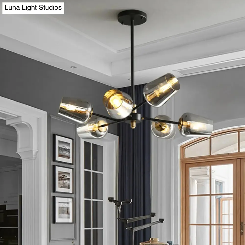 Modern Cup Shaped Chandelier with Clear/Smoke Gray Glass - 6/9 Lights - Bedroom Lighting - Black Suspension Lamp