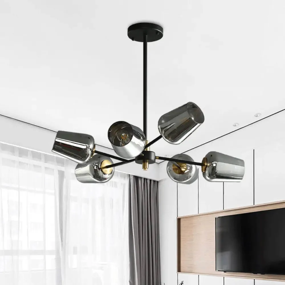 Modern Cup Shaped Chandelier with Clear/Smoke Gray Glass - 6/9 Lights - Bedroom Lighting - Black Suspension Lamp