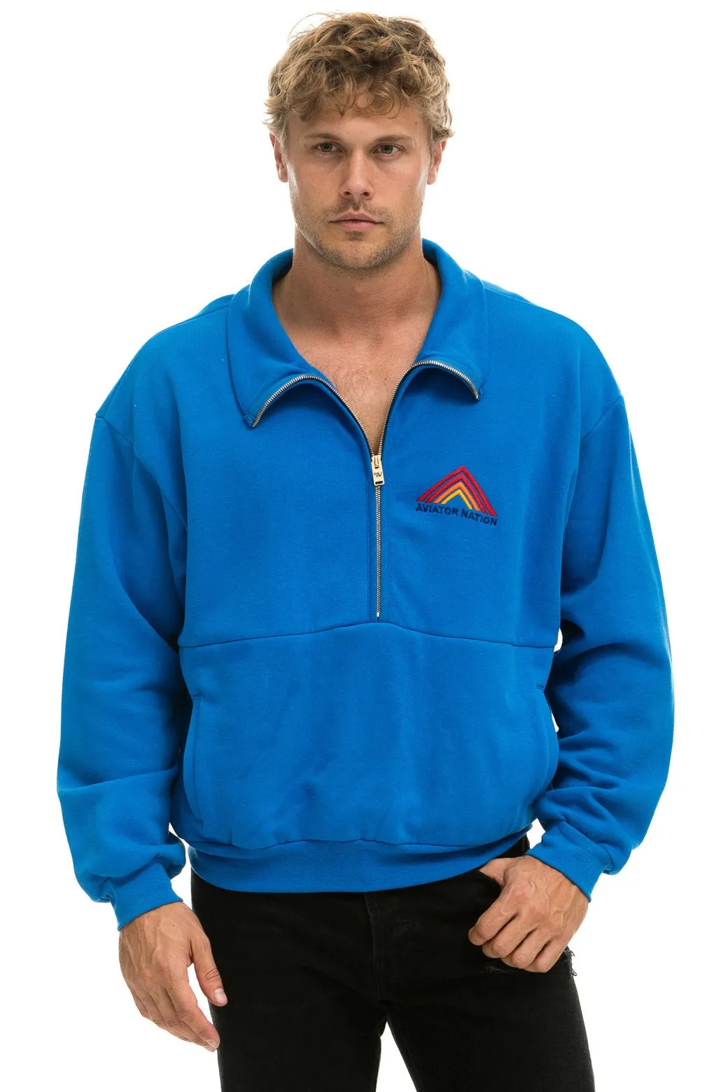 MOUNTAIN EMBROIDERY HALF ZIP SWEATSHIRT - OCEAN