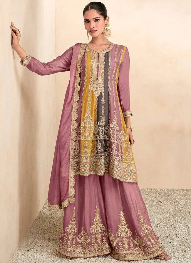 Multi-Color Embroidered Chinon Festive Wear Palazzo Suits