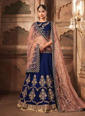 Navy Blue And Peach Embroidered Designer Lehenga Choli