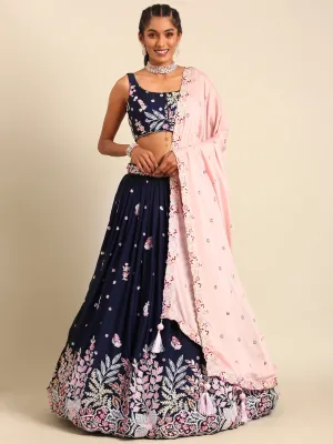 Navy blue Georgette Sequin-Thread embroidery Semi-Stitched Lehenga choli