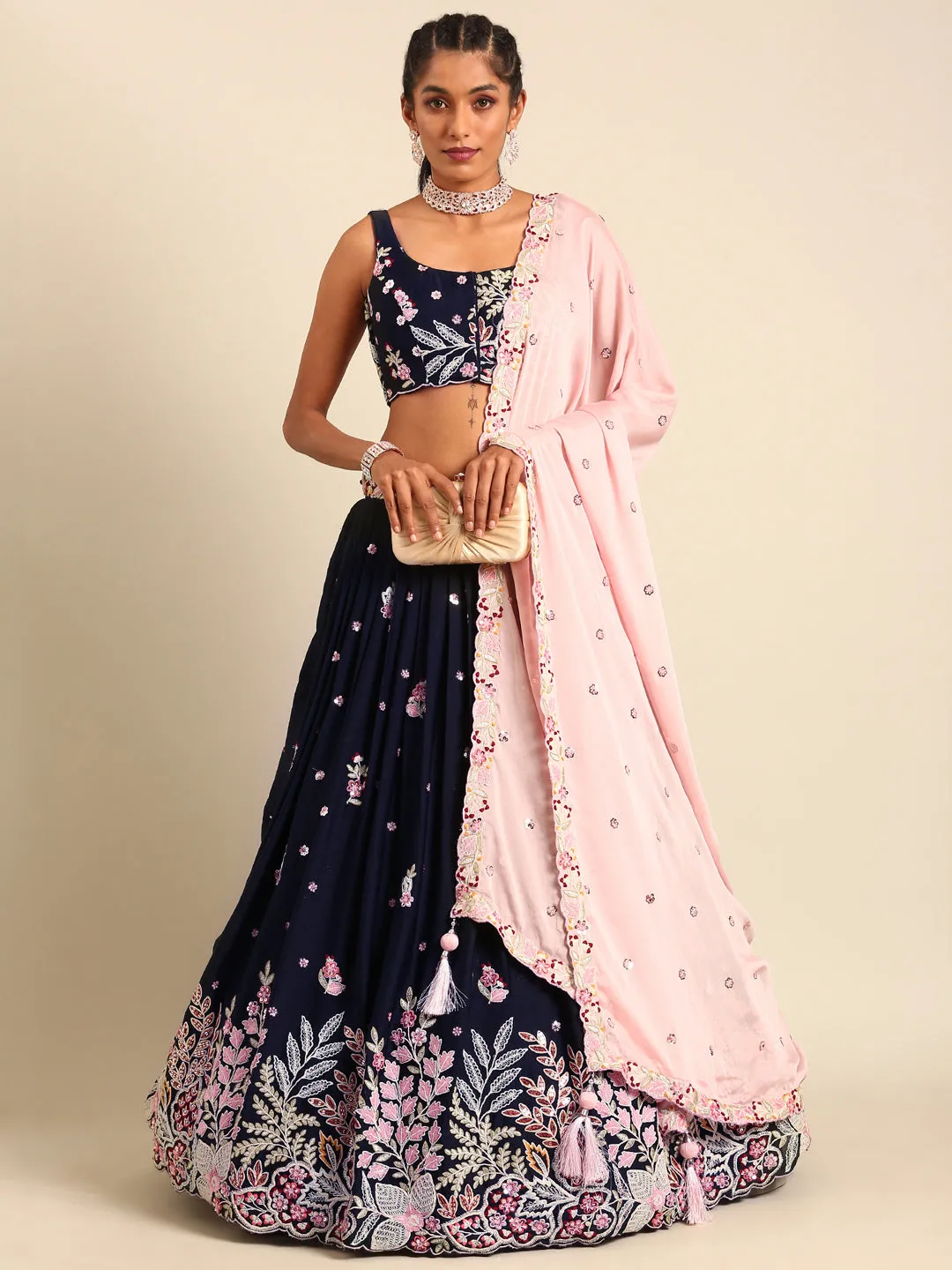 Navy blue Georgette Sequin-Thread embroidery Semi-Stitched Lehenga choli