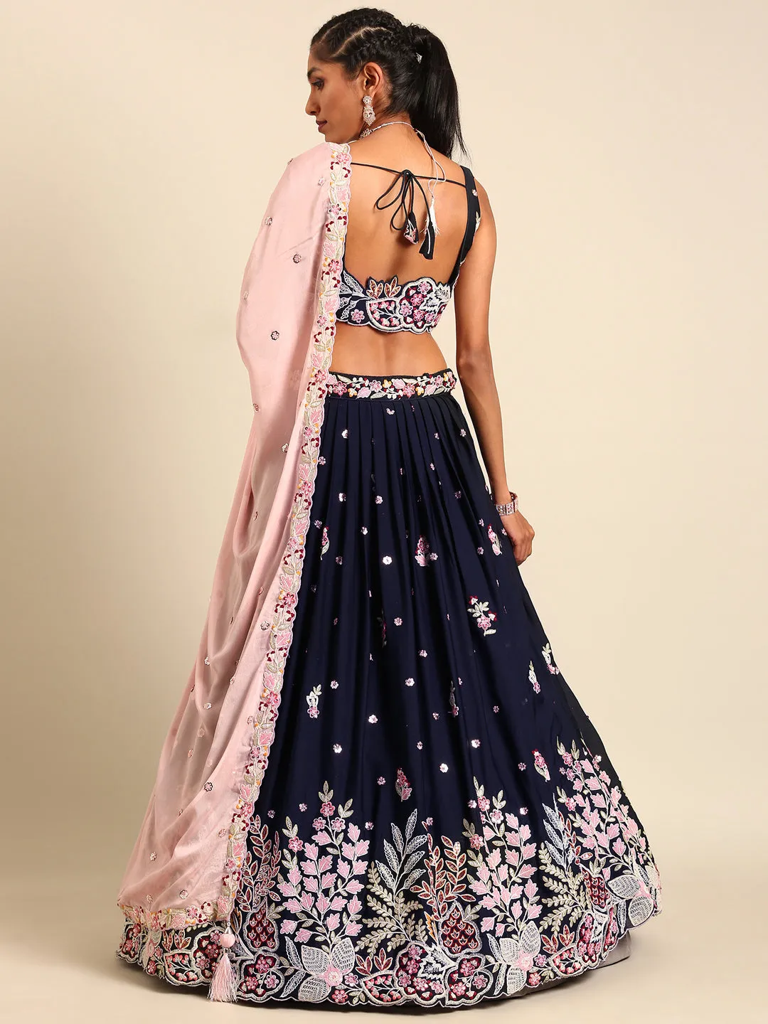 Navy blue Georgette Sequin-Thread embroidery Semi-Stitched Lehenga choli