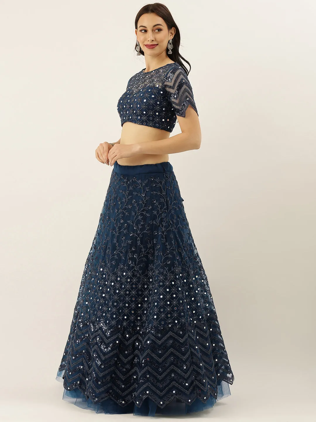 Navy Blue Net Semi Stitched Coding, Sequins and Mirror work Lehenga Choli