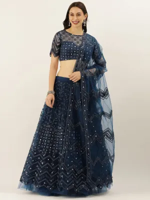 Navy Blue Net Semi Stitched Coding, Sequins and Mirror work Lehenga Choli