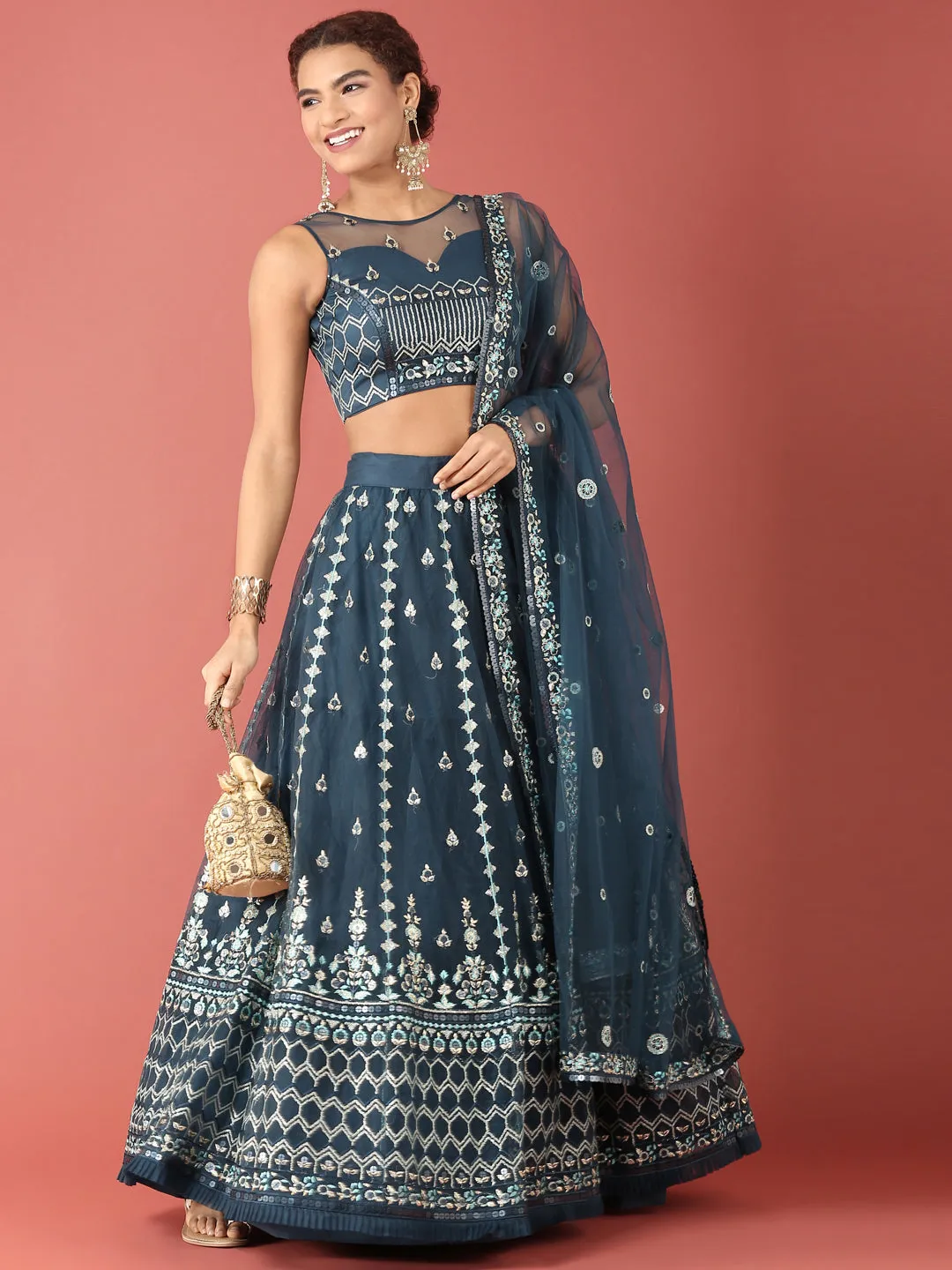 Navy Blue Net Sequinse Work Semi-Stitched Lehenga & Unstitched Blouse, Dupatta