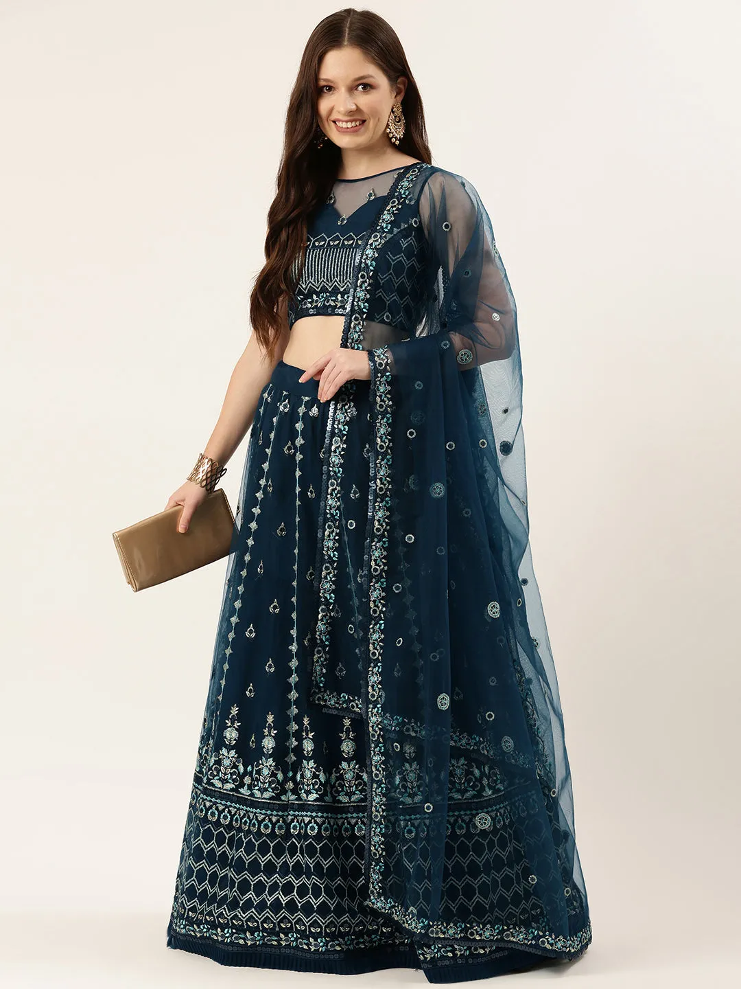 Navy Blue Net Sequinse Work Semi-Stitched Lehenga & Unstitched Blouse, Dupatta