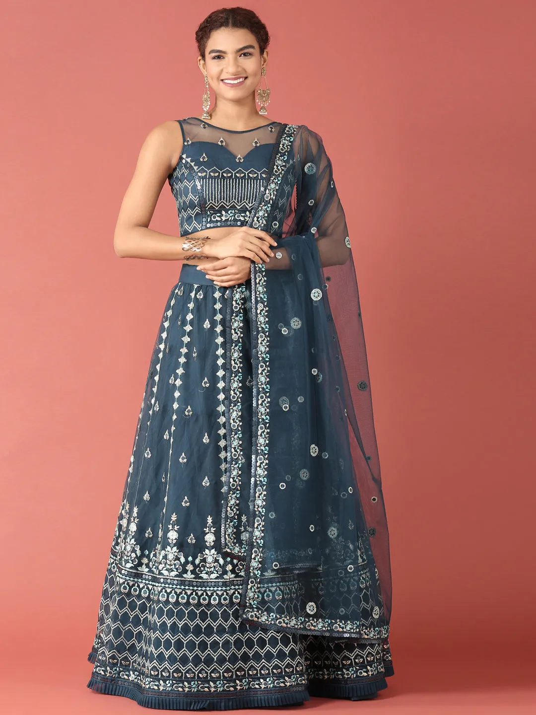 Navy Blue Net Sequinse Work Semi-Stitched Lehenga & Unstitched Blouse, Dupatta