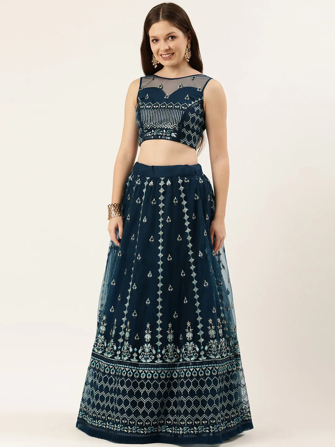 Navy Blue Net Sequinse Work Semi-Stitched Lehenga & Unstitched Blouse, Dupatta