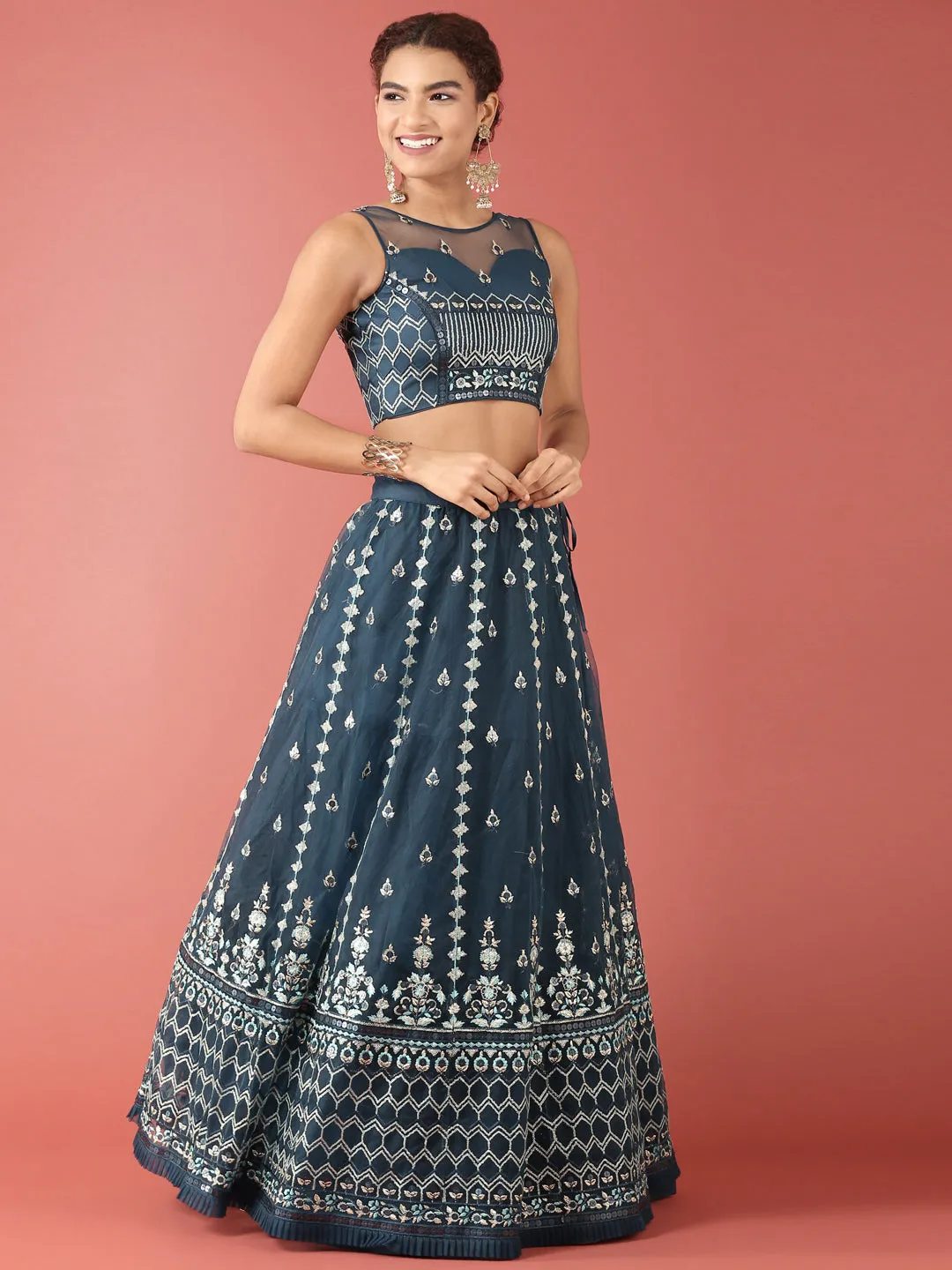 Navy Blue Net Sequinse Work Semi-Stitched Lehenga & Unstitched Blouse, Dupatta