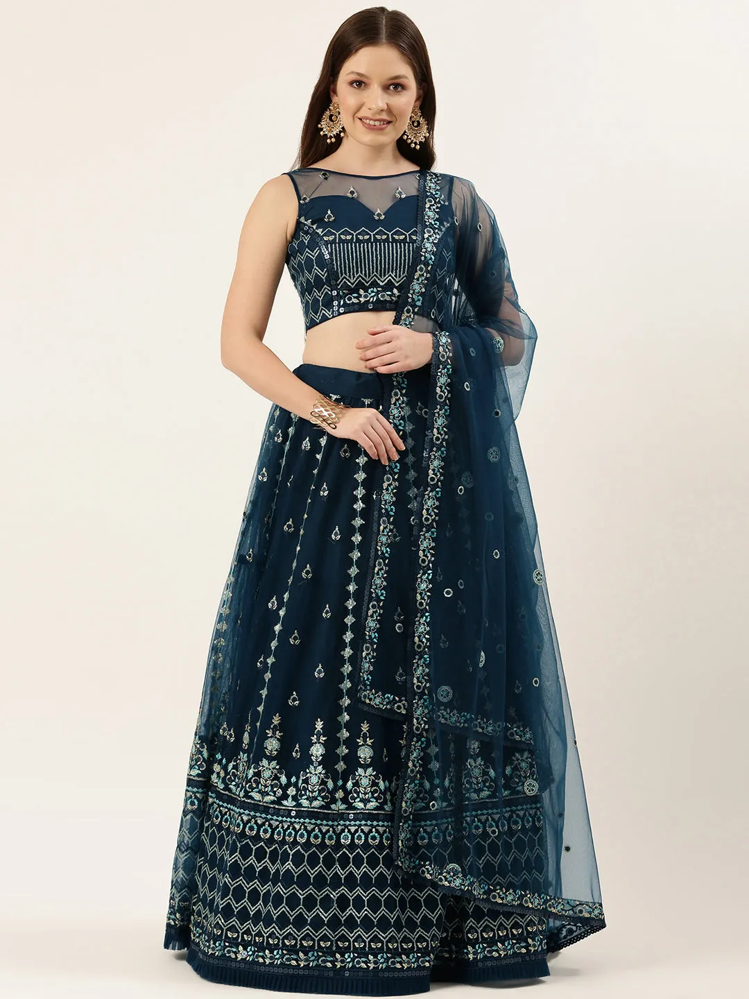 Navy Blue Net Sequinse Work Semi-Stitched Lehenga & Unstitched Blouse, Dupatta