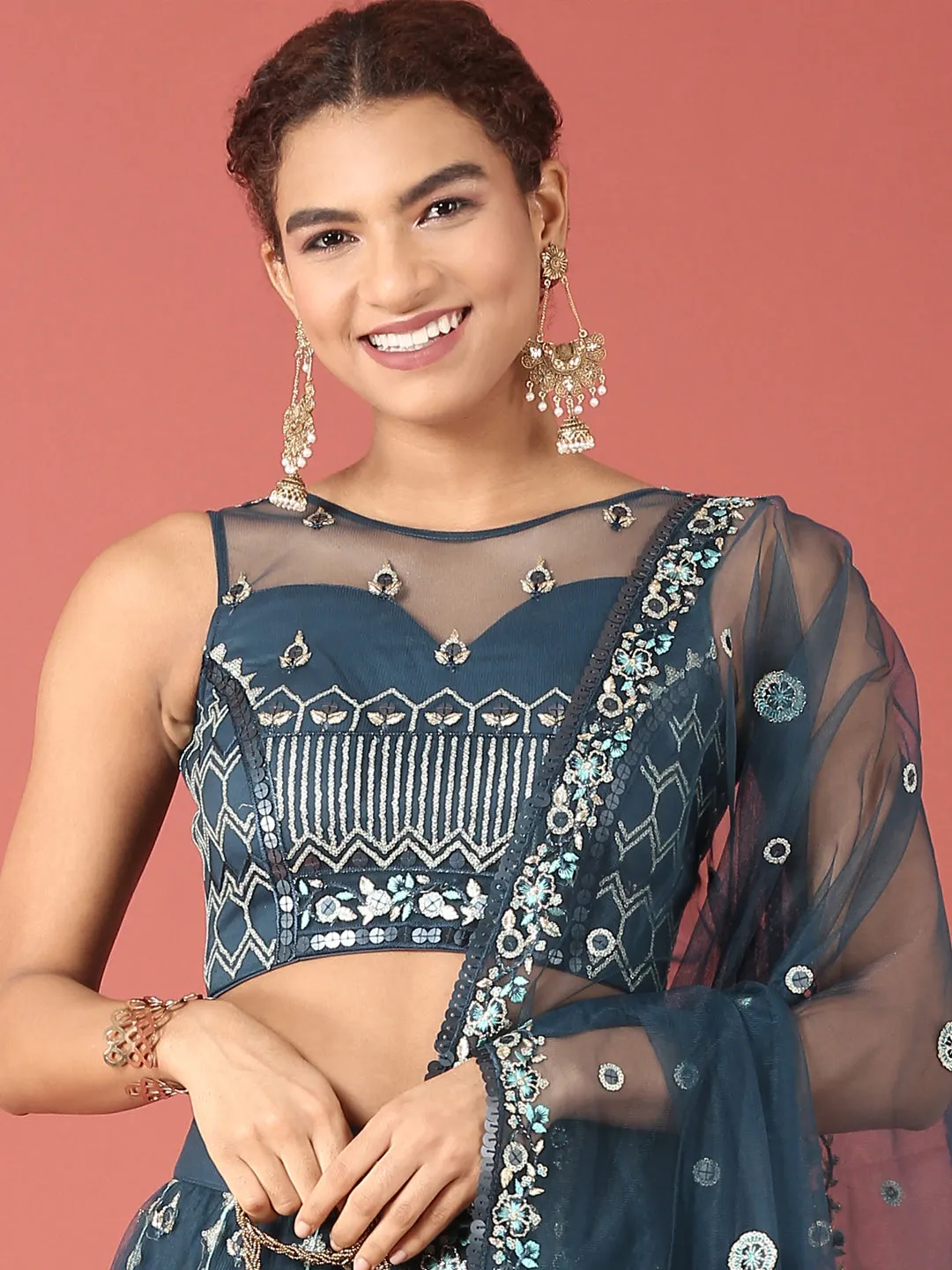 Navy Blue Net Sequinse Work Semi-Stitched Lehenga & Unstitched Blouse, Dupatta