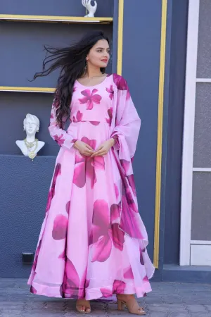 Occasion Wear Pink Color Flower Print Gown