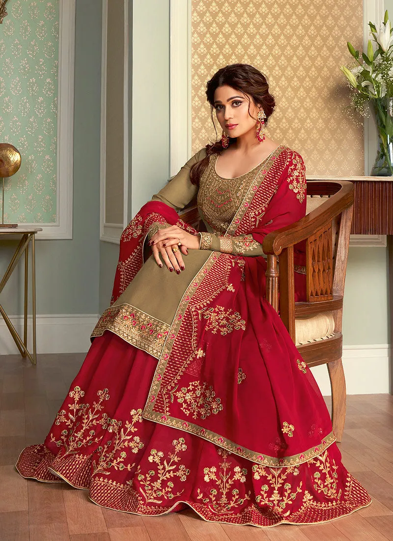 Olive Green And Red Embroidered Lehenga Style Suit