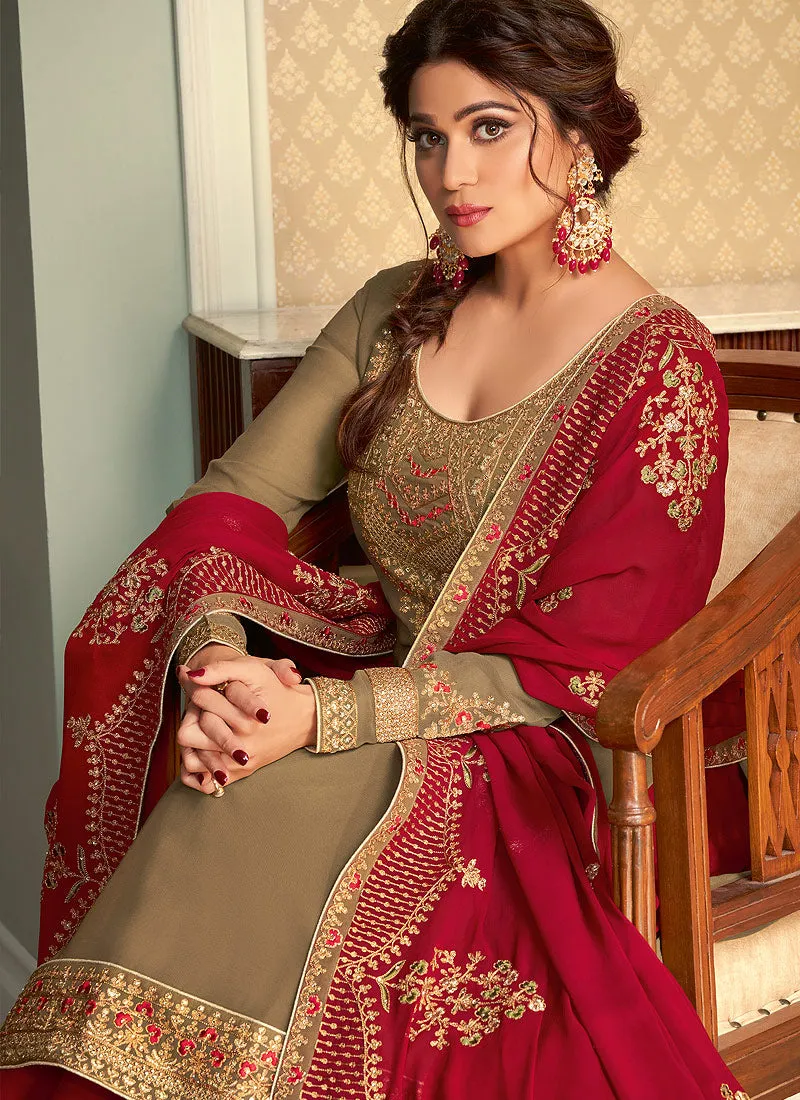 Olive Green And Red Embroidered Lehenga Style Suit