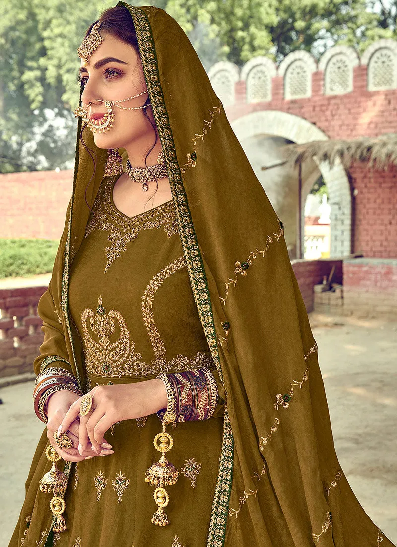 Olive Green Embroidered Gharara Suit