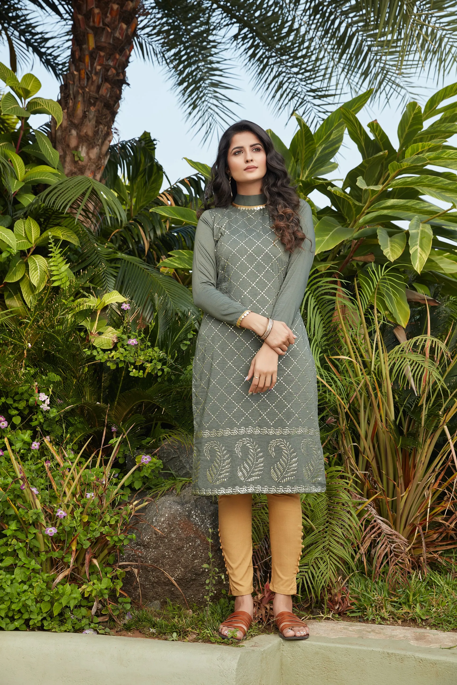 Olive Green Mukaish Worked Cotton Readymade Kurti