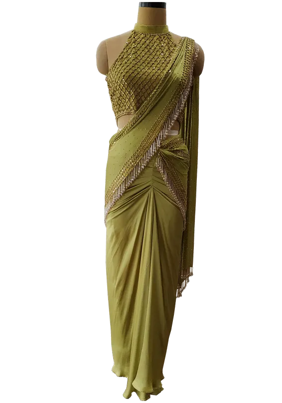 Olive Green Saree with Halter Crystal Blouse Set