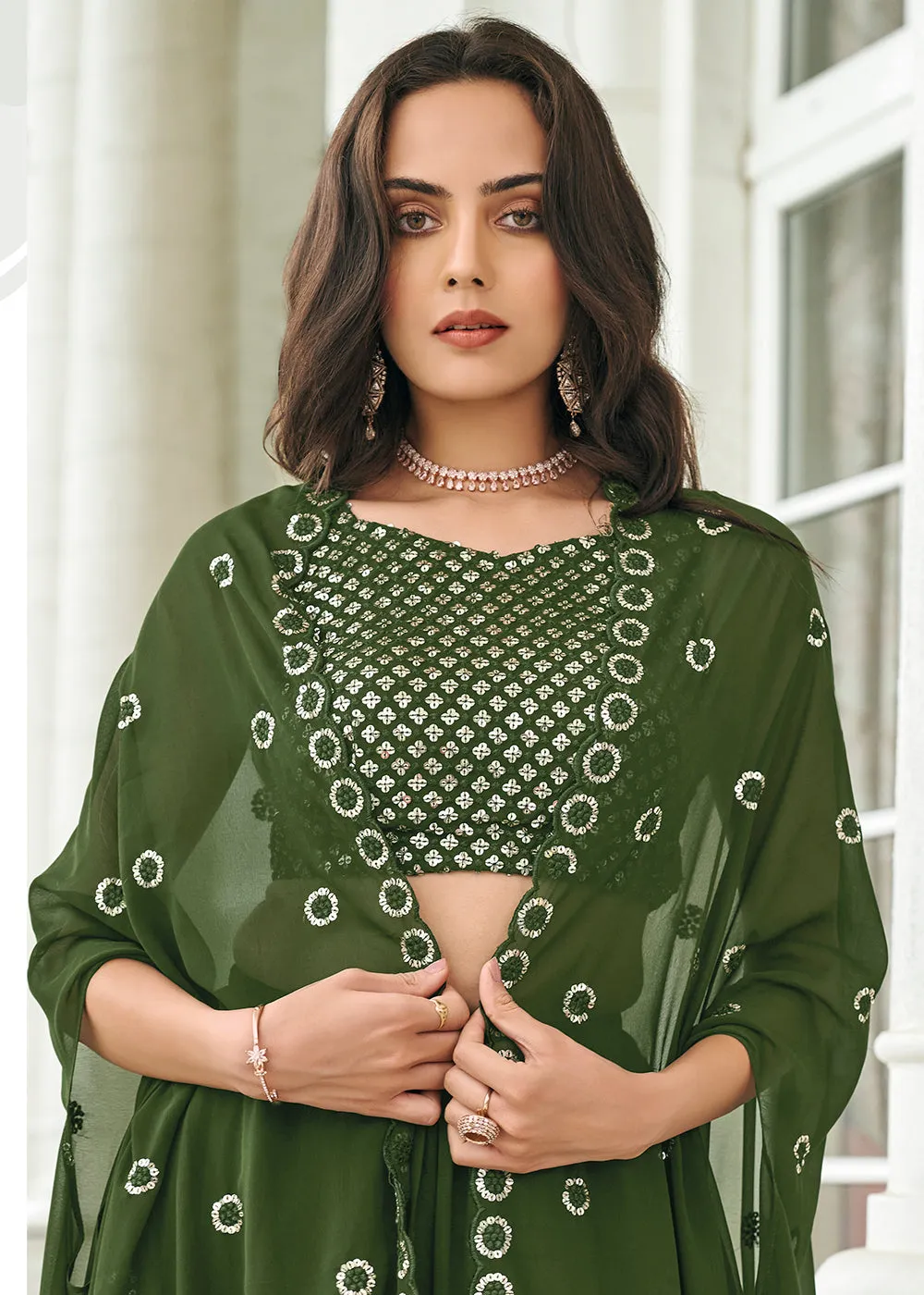 Olive Green Sequined Embroidered Shrug Style Lehenga Choli