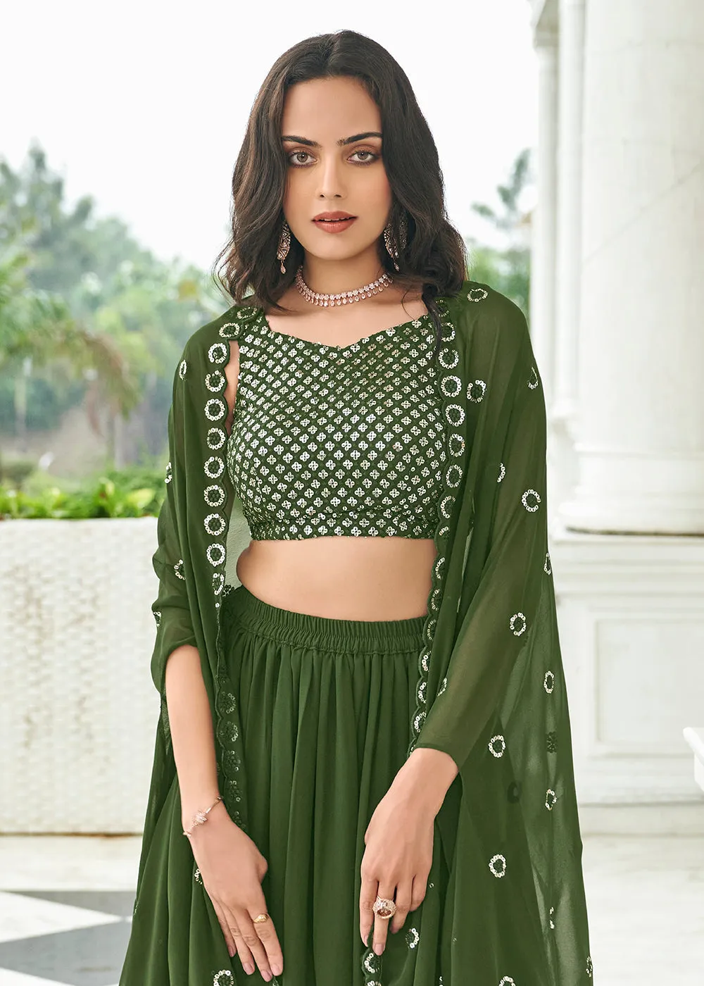 Olive Green Sequined Embroidered Shrug Style Lehenga Choli