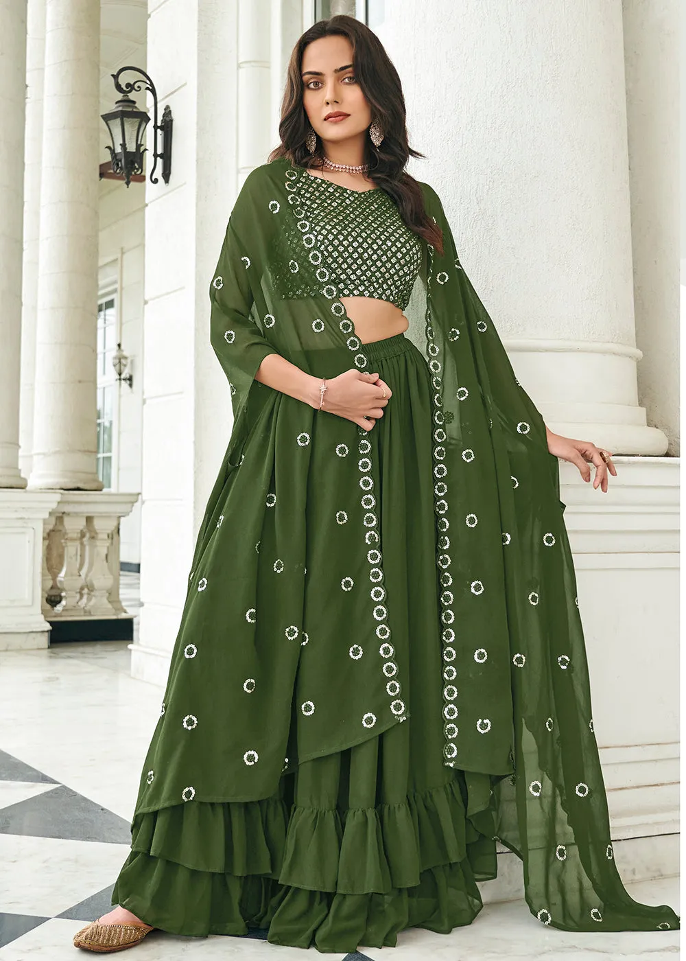 Olive Green Sequined Embroidered Shrug Style Lehenga Choli