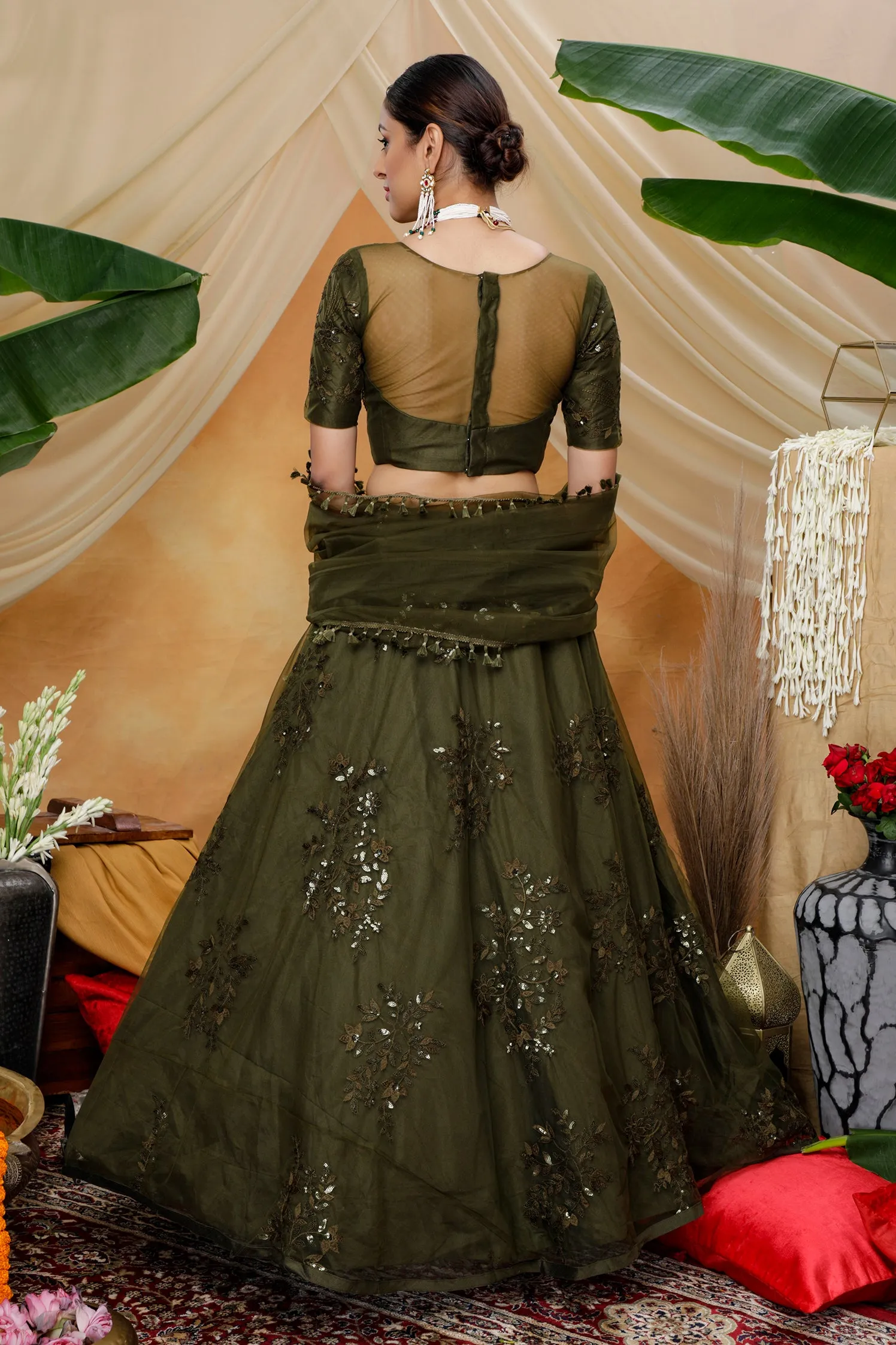 Olive Green Thread With Sequence Embroidered Net Semi-Stitched Lehenga