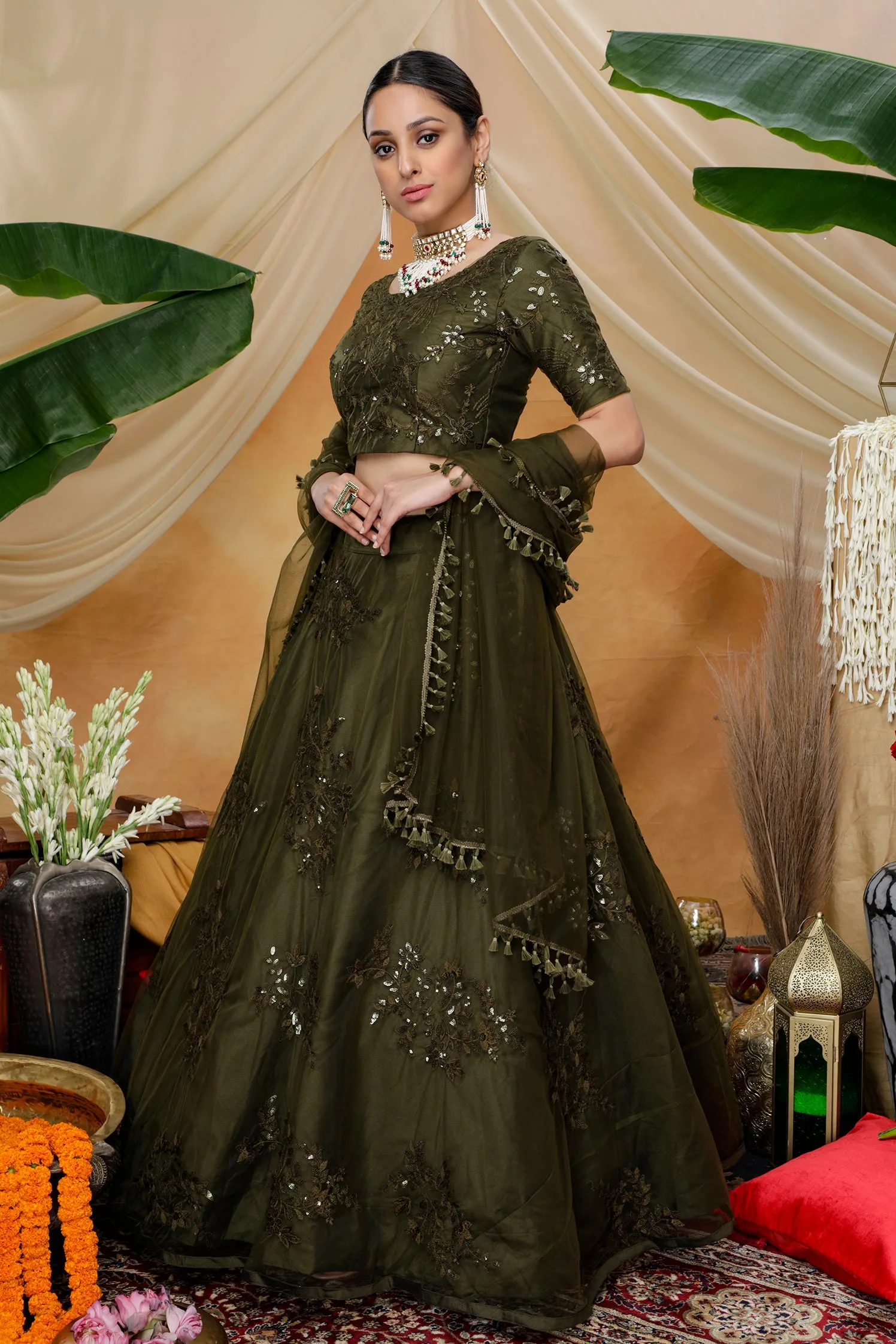 Olive Green Thread With Sequence Embroidered Net Semi-Stitched Lehenga