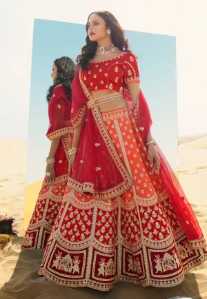 Orange And Red Embroidered Wedding Lehenga Choli