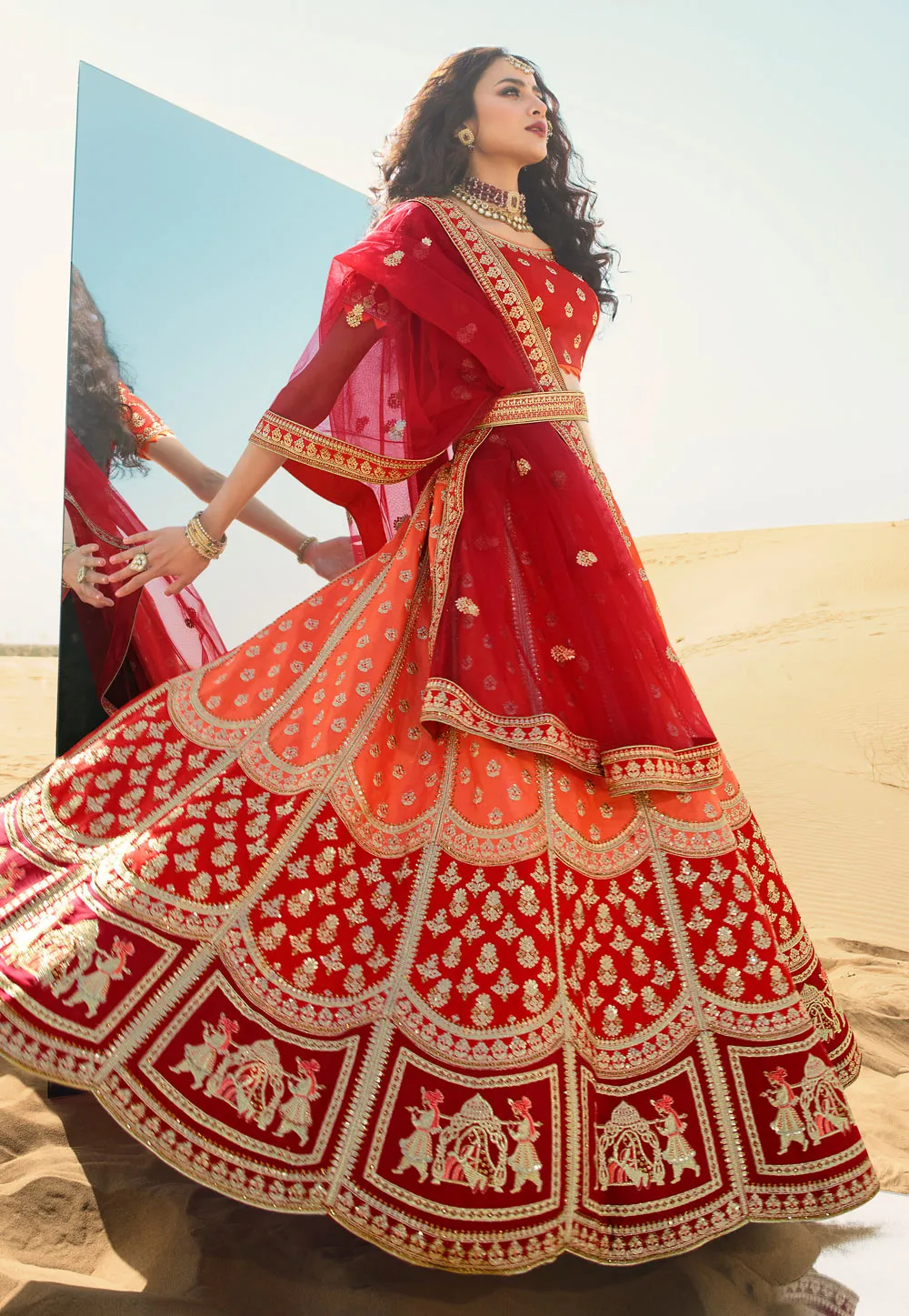 Orange And Red Embroidered Wedding Lehenga Choli