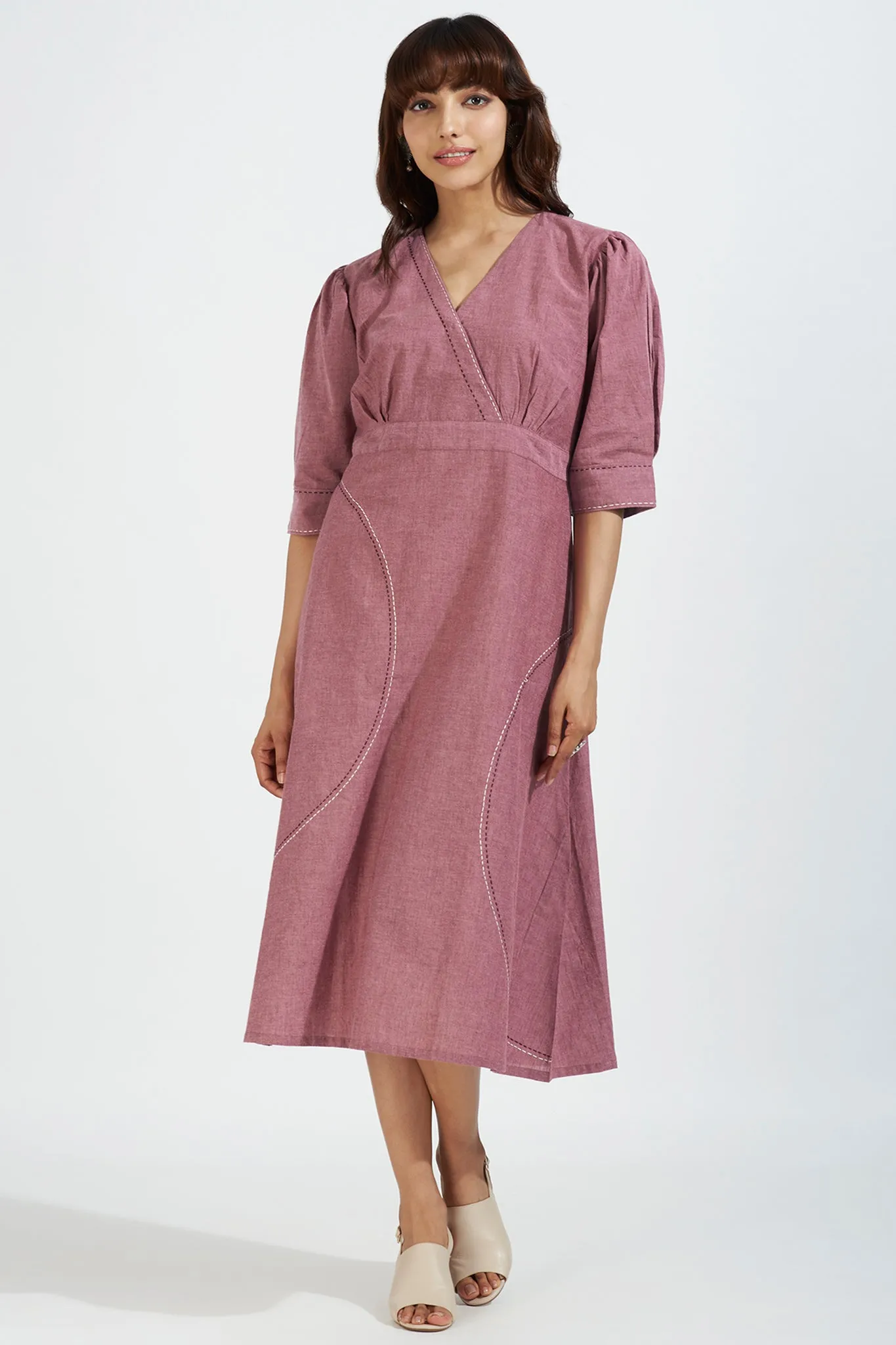 overlap dress with puffed sleeve - buffed rose & sandstone