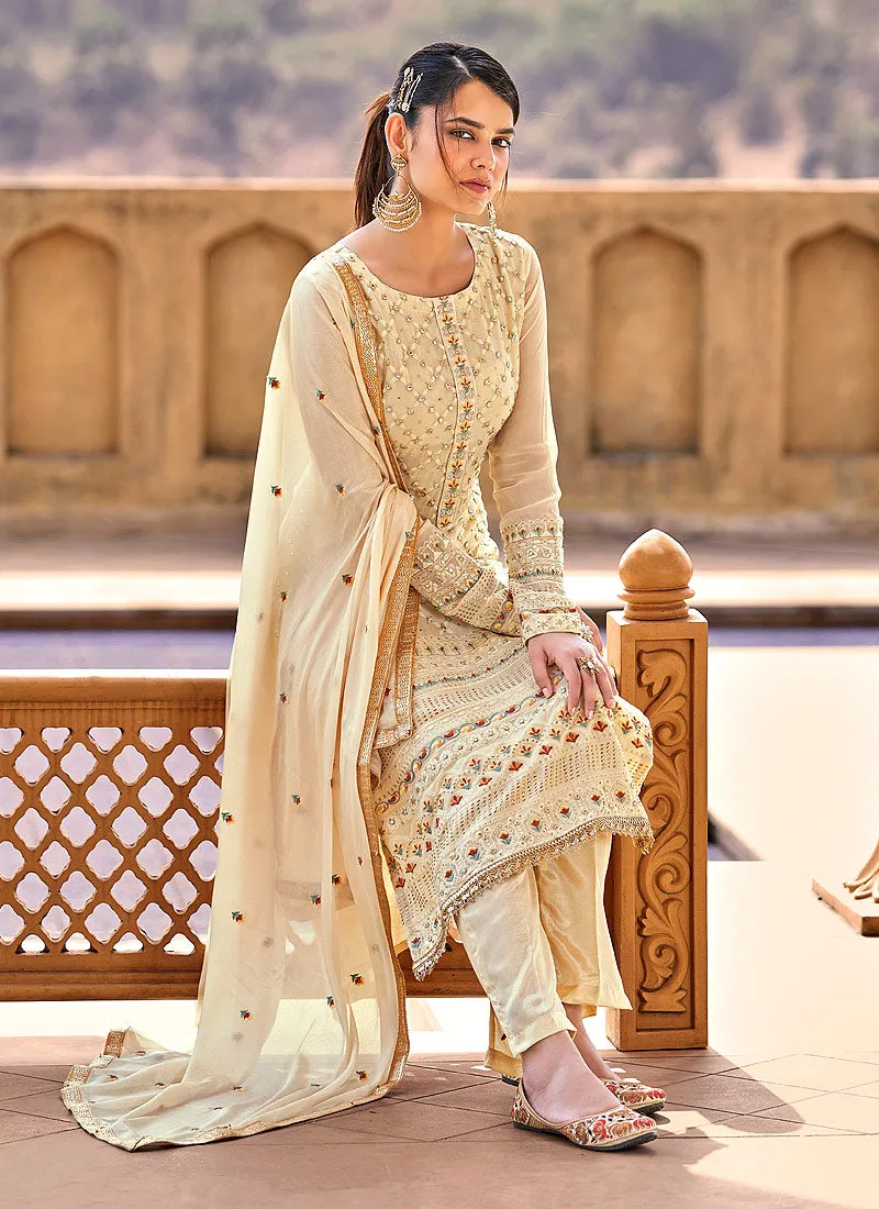 Pale Yellow Embroidered Georgette Pant Style Suit