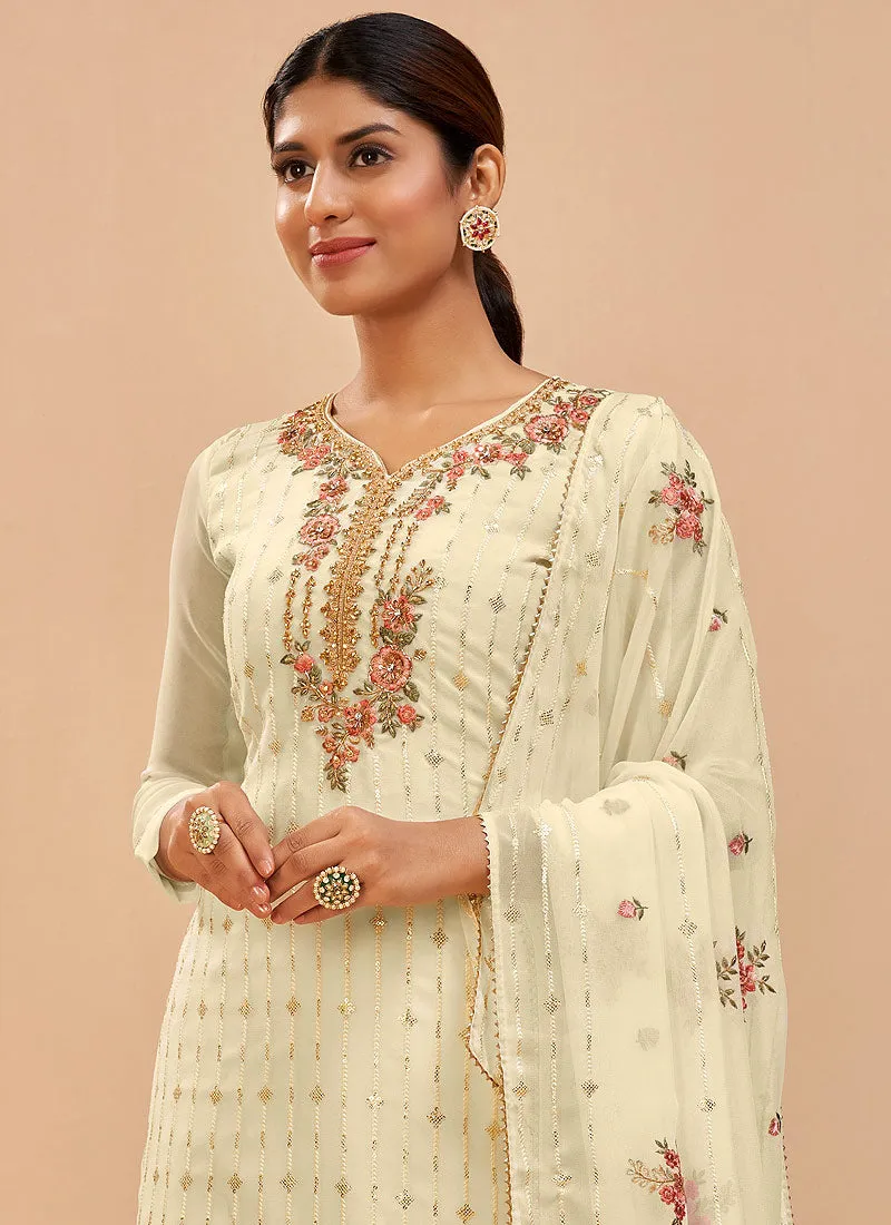 Pale Yellow Embroidered Pakistani Pant Suits