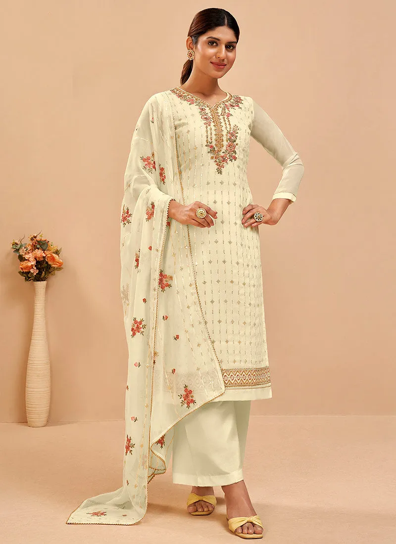 Pale Yellow Embroidered Pakistani Pant Suits