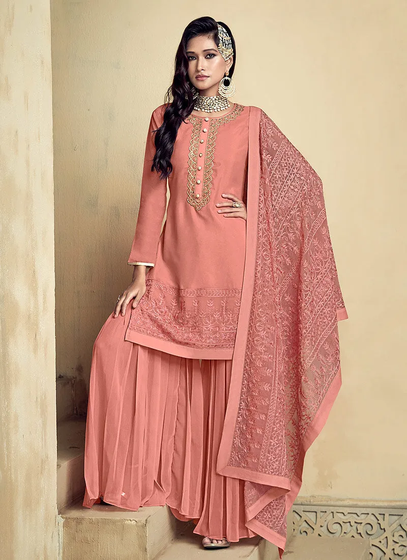 Peach Allover Embroidered Designer Sharara Suit