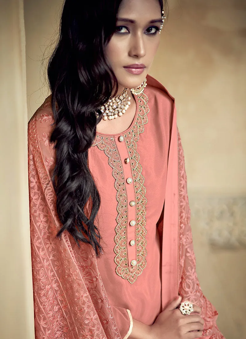 Peach Allover Embroidered Designer Sharara Suit