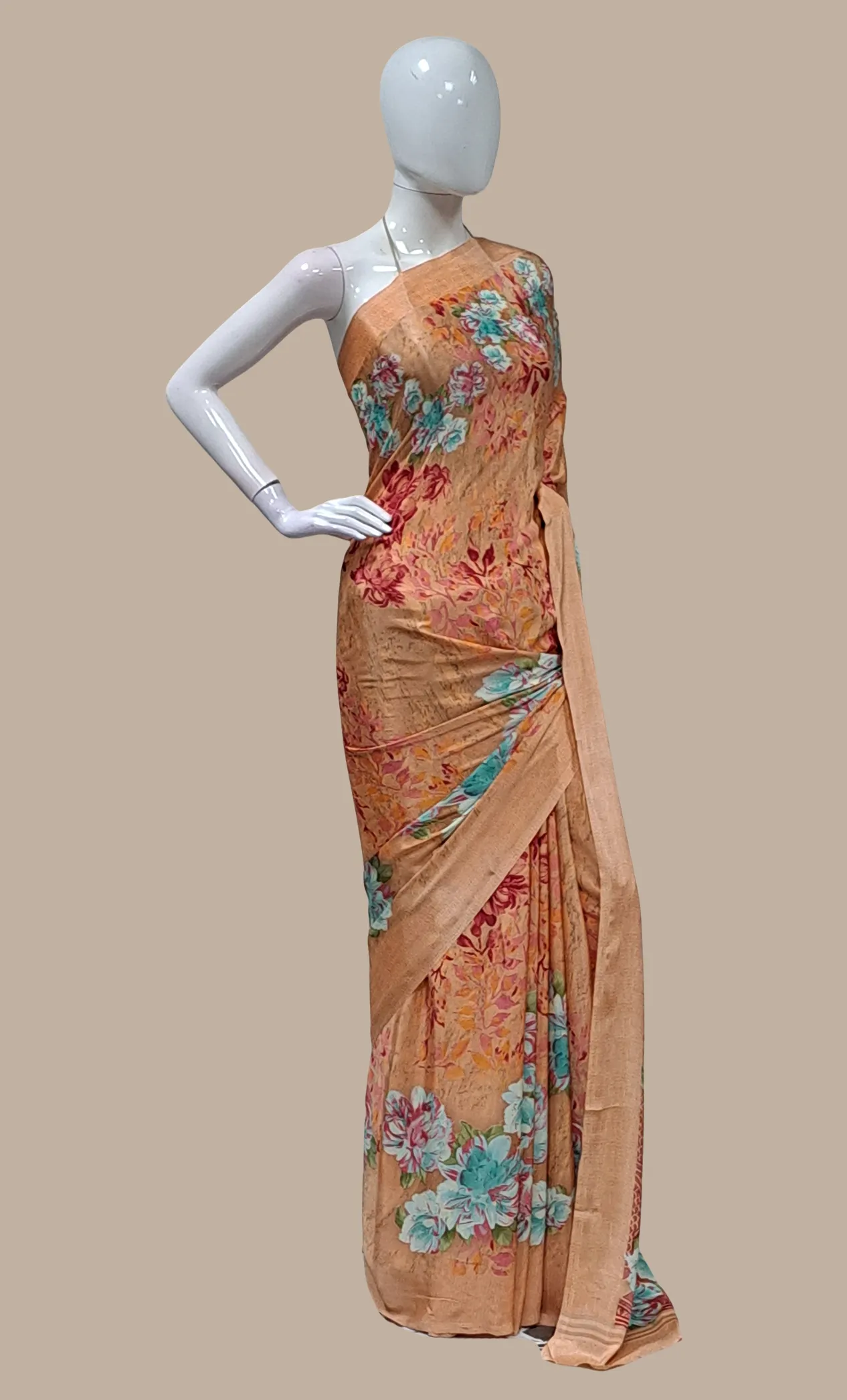 Peach Floral Printed Sari