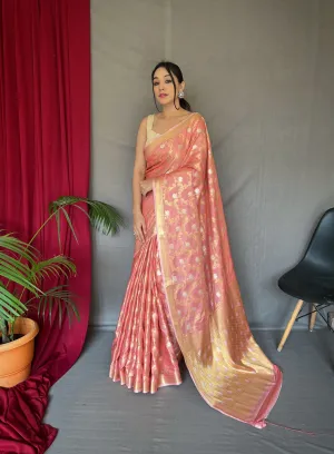 Peach Saree In Cotton With Rose Gold Woven