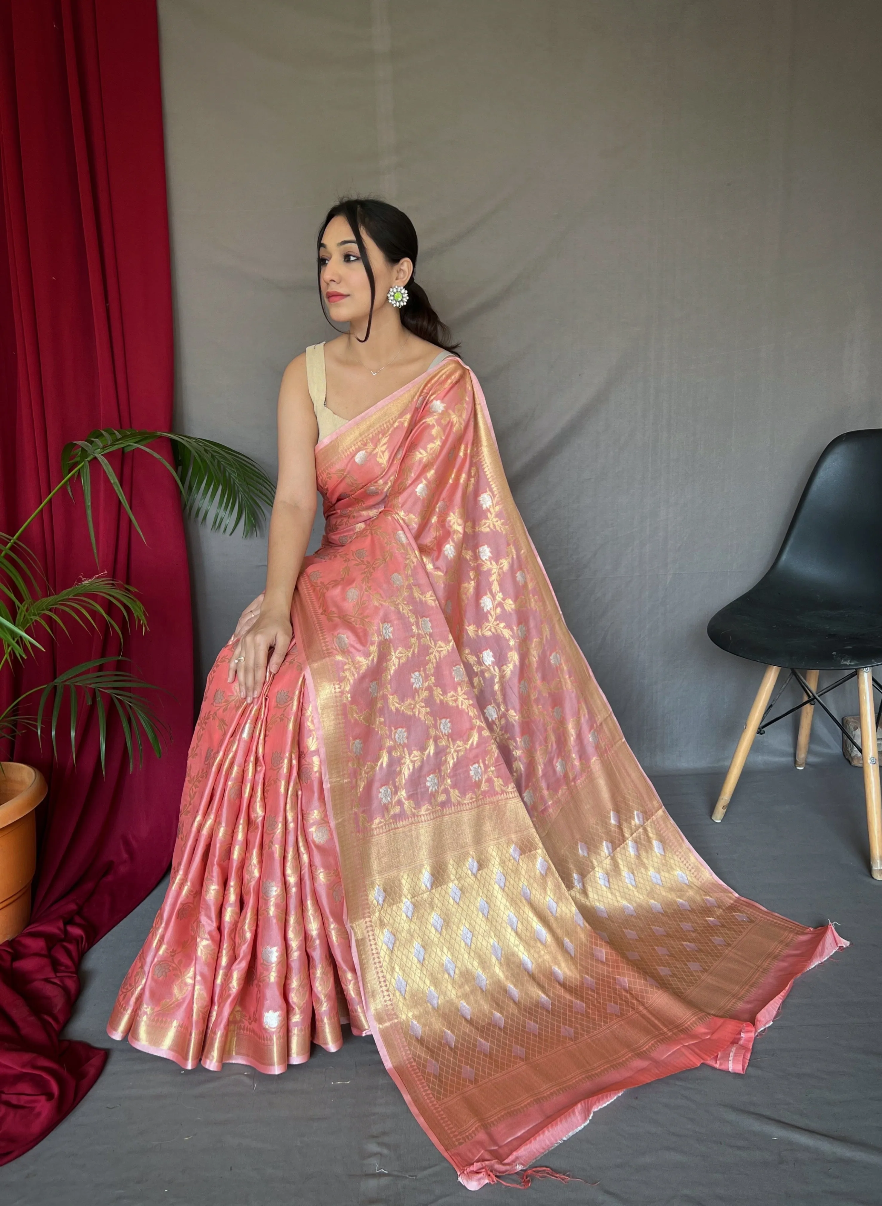 Peach Saree In Cotton With Rose Gold Woven