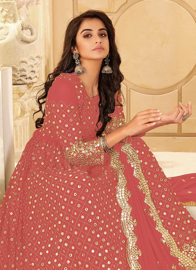 Peach Zari Mirror Embroidered Traditional Anarkali Suit