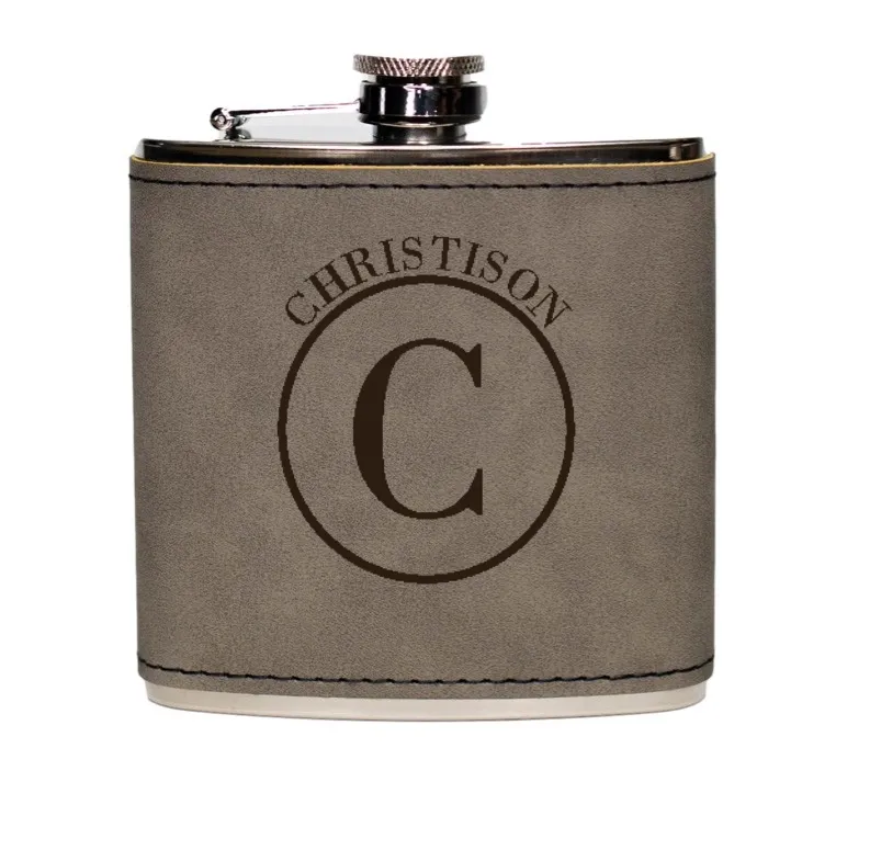 Personalized Silver Leather Wrapped Flasks