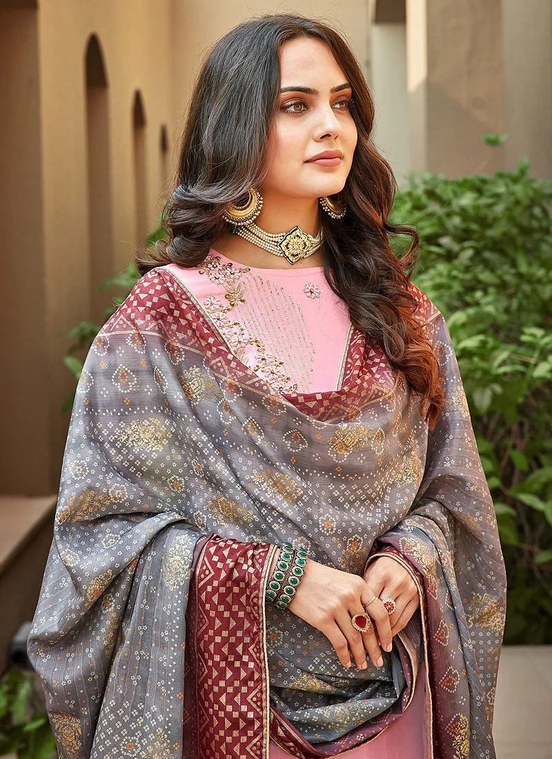 Pink And Grey Embroidered Pakistani Palazzo Suit