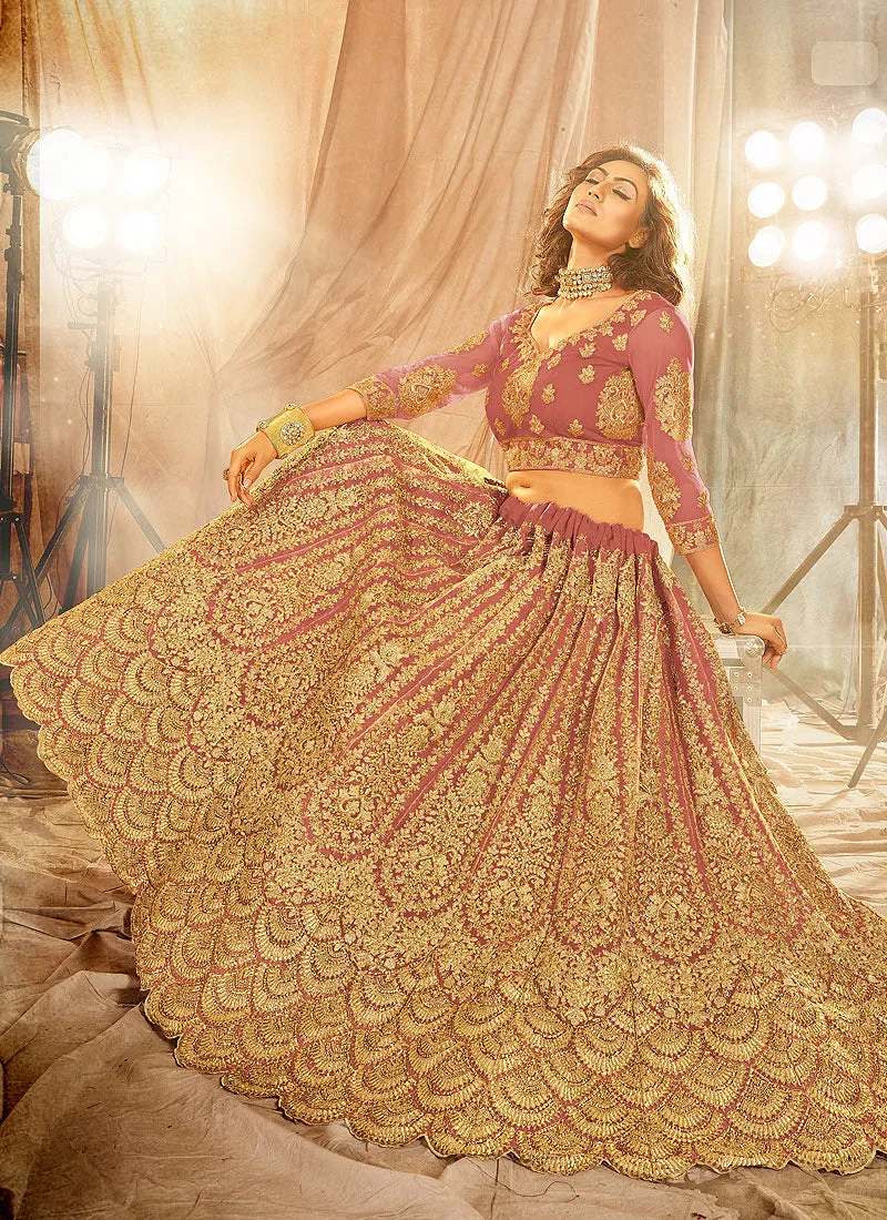 Pink Golden Embroidered Wedding Lehenga Choli