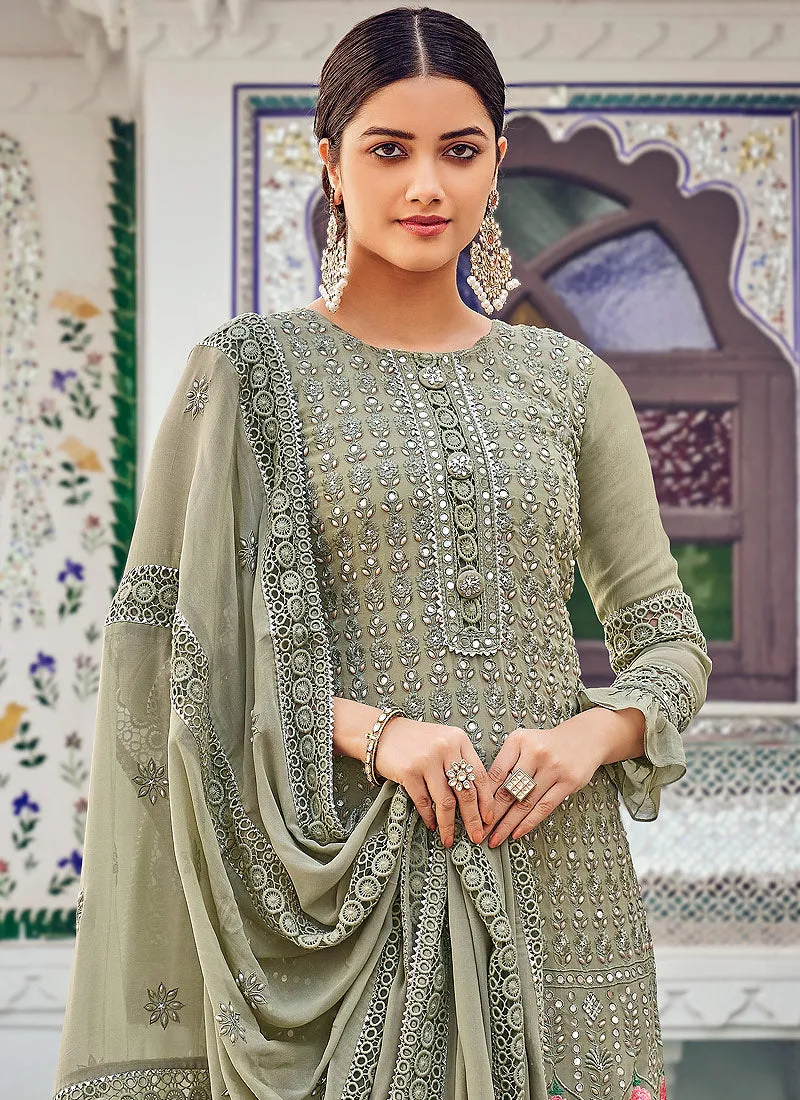 Pista Green Multi Embroidered Indian Gharara Suit