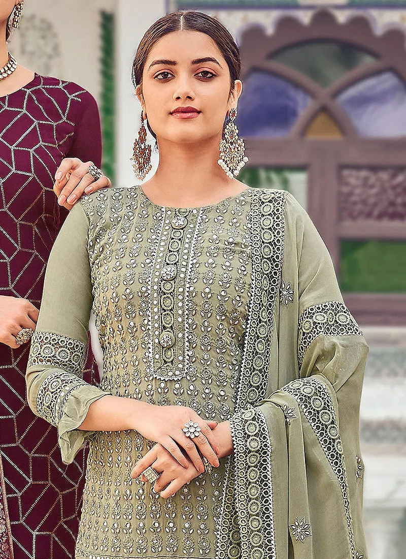 Pista Green Multi Embroidered Indian Gharara Suit