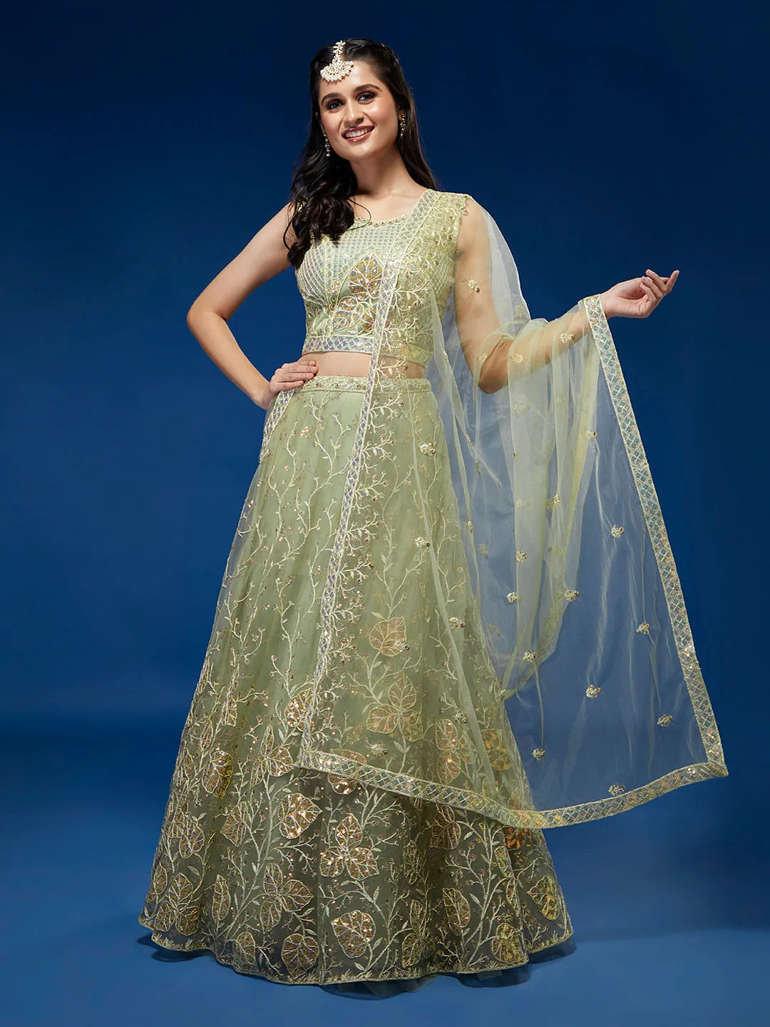 Pista Net Sequinse Work Semi-Stitched Lehenga & Unstitched Blouse, Dupatta