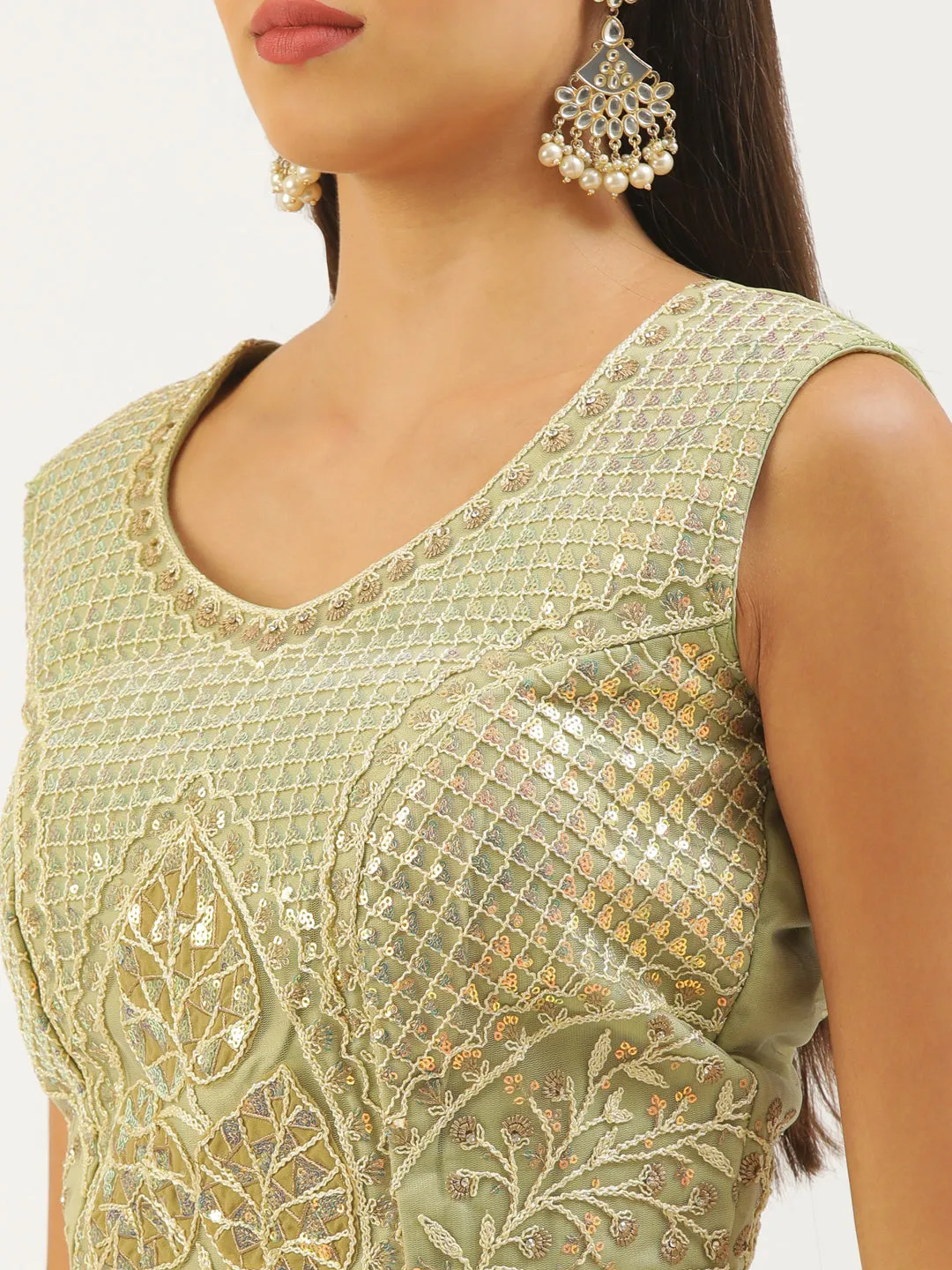 Pista Net Sequinse Work Semi-Stitched Lehenga & Unstitched Blouse, Dupatta