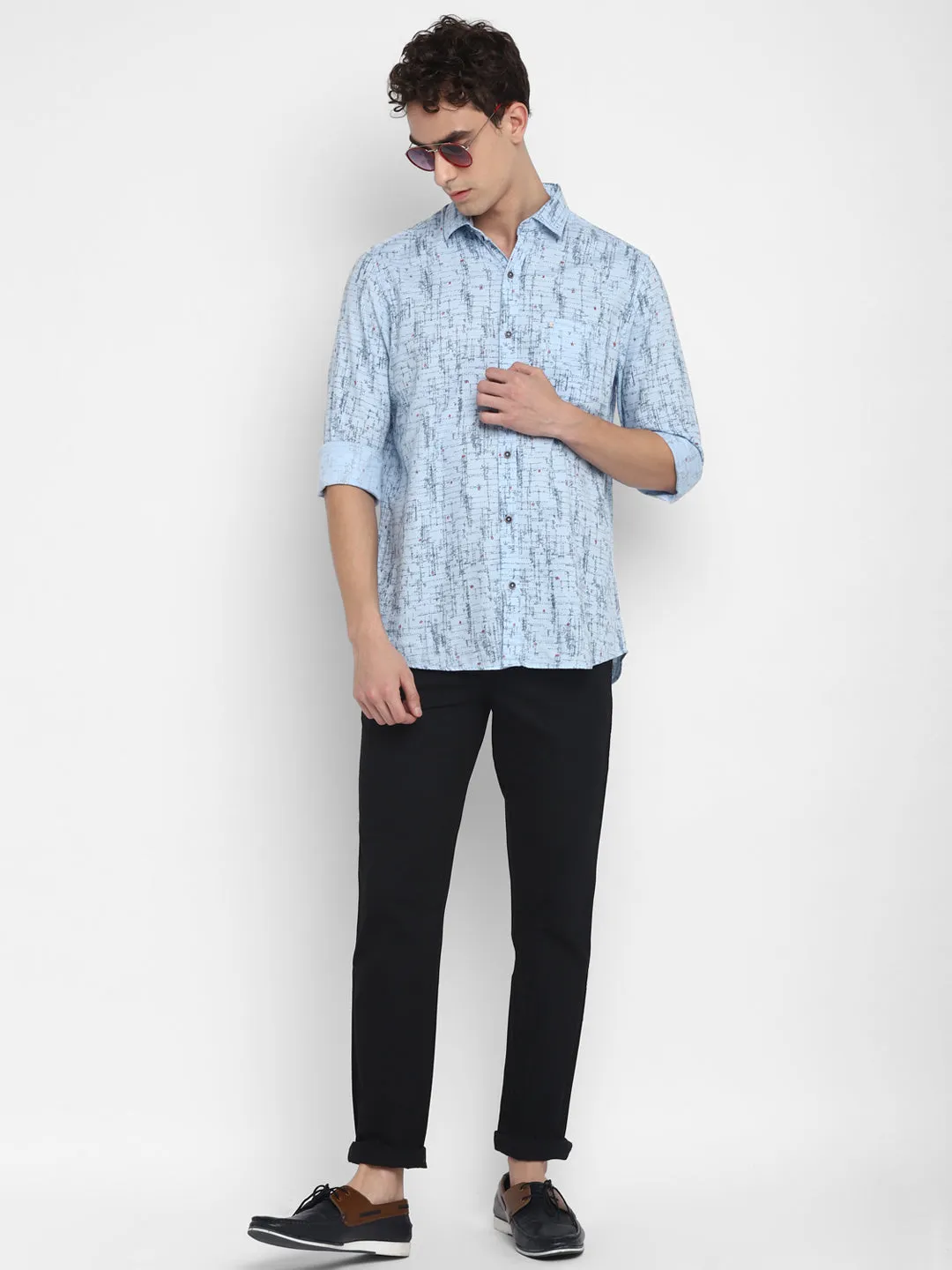 Printed Blue Slim Fit Casual Shirt For Men