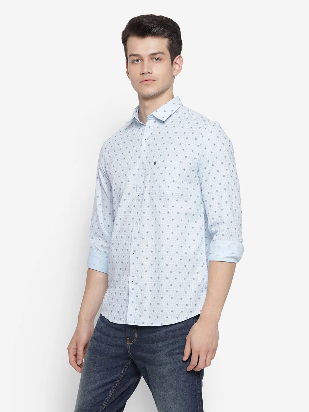 Printed Sky Blue Slim Fit Causal Shirt