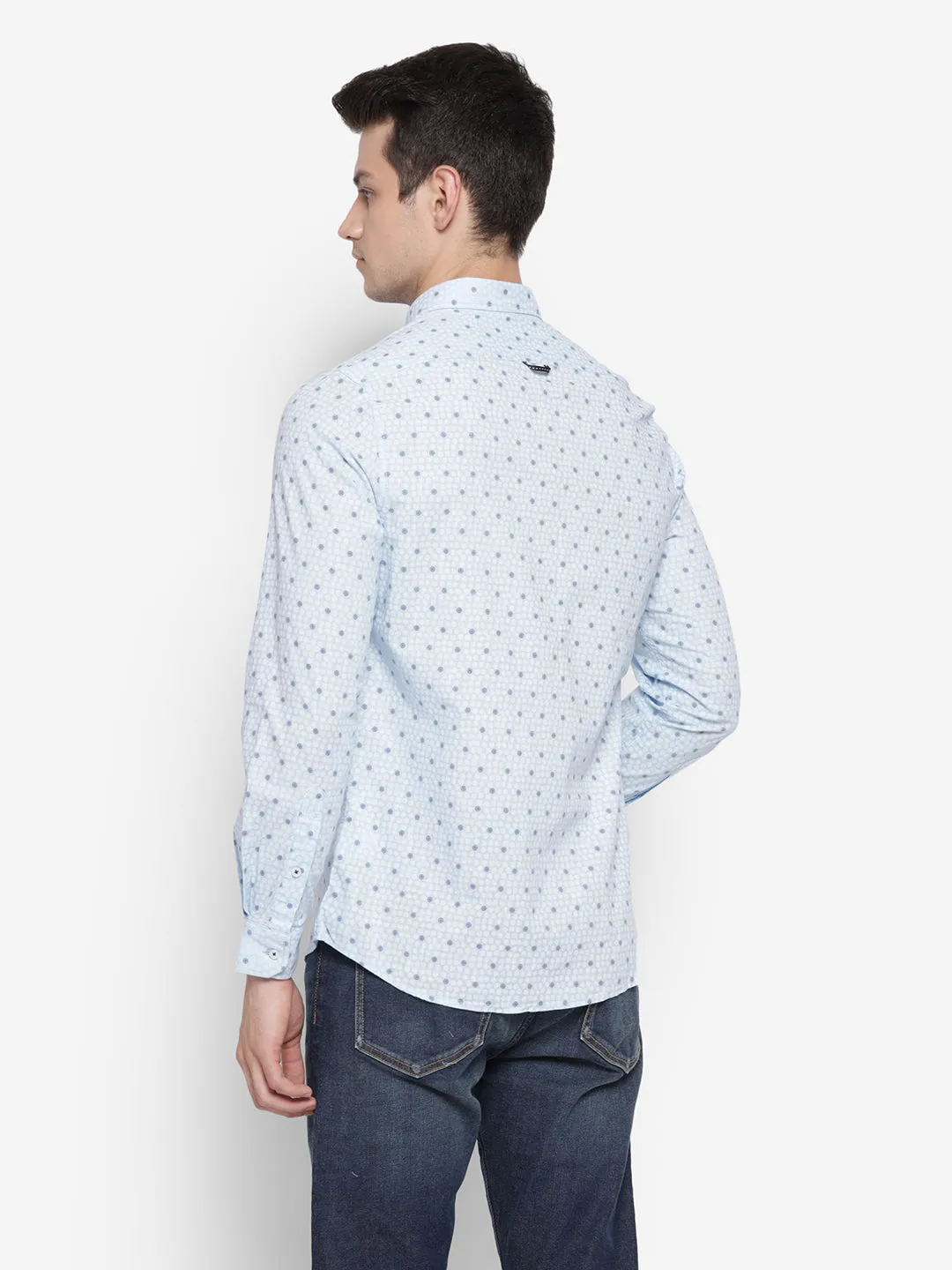 Printed Sky Blue Slim Fit Causal Shirt